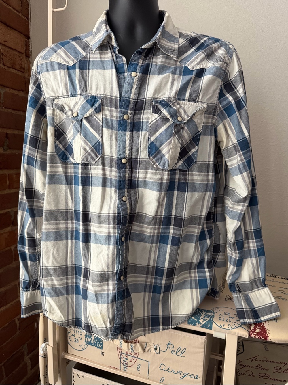 American Eagle Outfitters Blue, White and Gray Plaid Button-Down Shirt